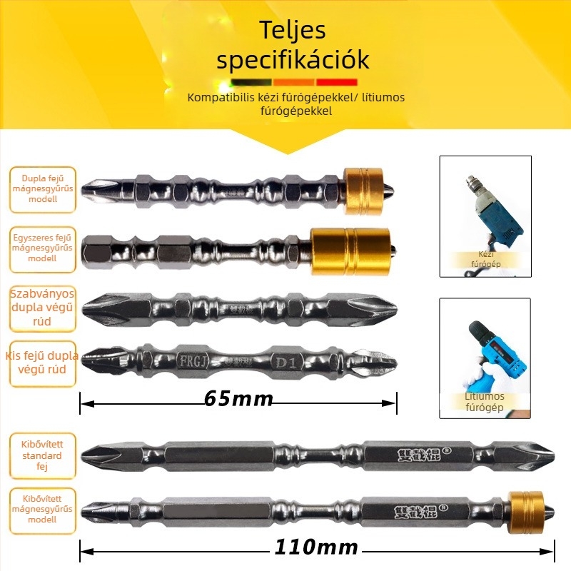 Erős mágneses csavarhúzó bit, kereszthorn Ph2 fej, D1 acél; nunchaku-stílusú bit kettős végű; mágneses gyűrű; hossz 65 mm és 110 mm