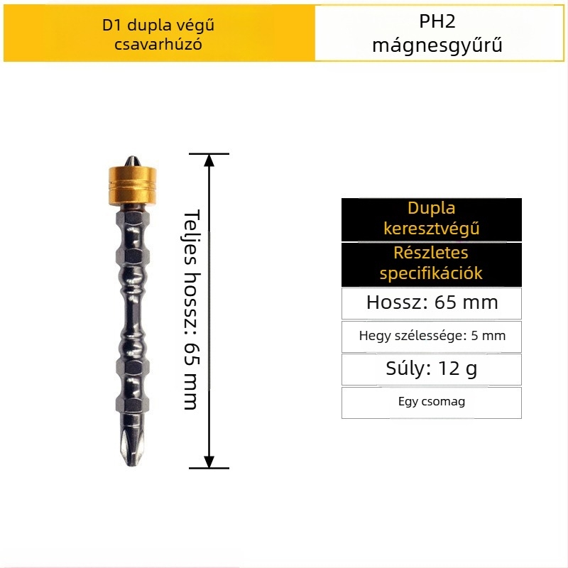 Erős mágneses csavarhúzó bit, kereszthorn Ph2 fej, D1 acél; nunchaku-stílusú bit kettős végű; mágneses gyűrű; hossz 65 mm és 110 mm