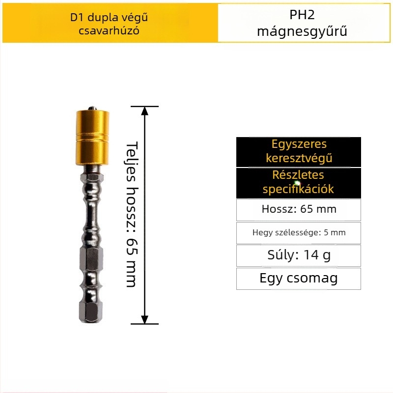 Erős mágneses csavarhúzó bit, kereszthorn Ph2 fej, D1 acél; nunchaku-stílusú bit kettős végű; mágneses gyűrű; hossz 65 mm és 110 mm