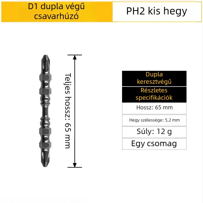 Erős mágneses csavarhúzó bit, kereszthorn Ph2 fej, D1 acél; nunchaku-stílusú bit kettős végű; mágneses gyűrű; hossz 65 mm és 110 mm