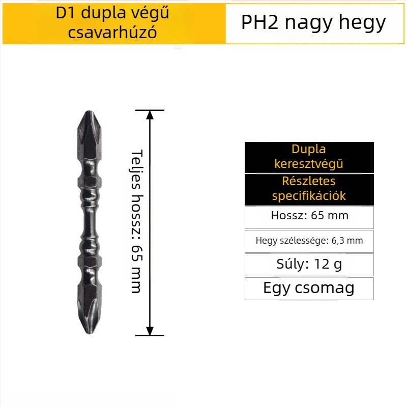 Erős mágneses csavarhúzó bit, kereszthorn Ph2 fej, D1 acél; nunchaku-stílusú bit kettős végű; mágneses gyűrű; hossz 65 mm és 110 mm