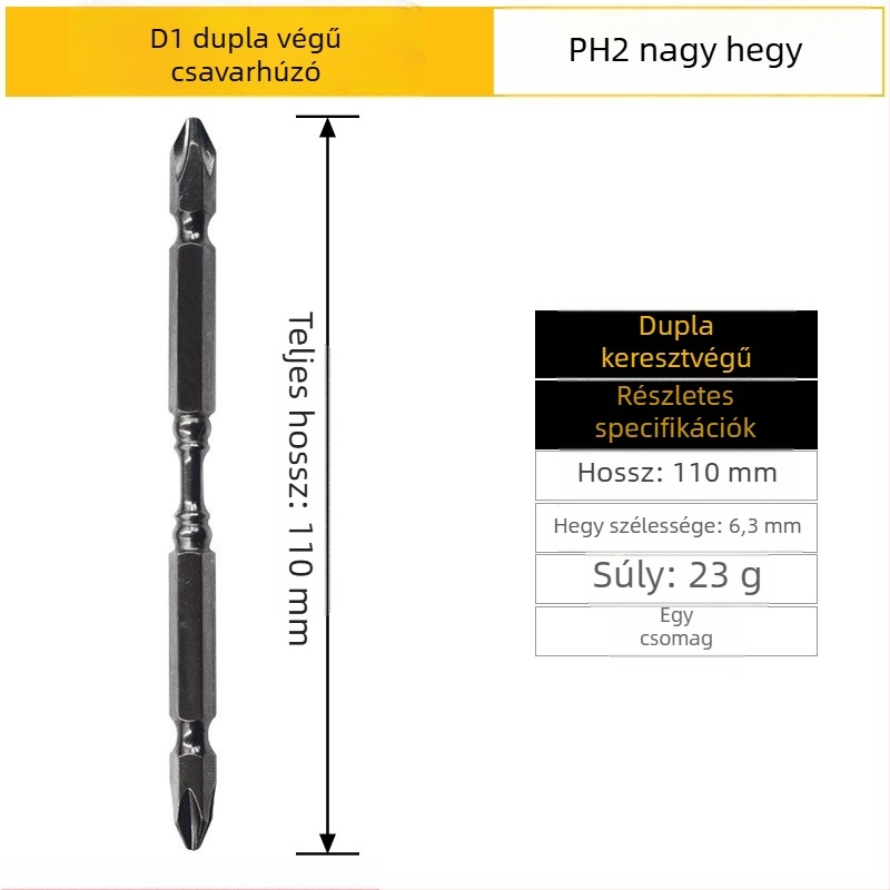 Erős mágneses csavarhúzó bit, kereszthorn Ph2 fej, D1 acél; nunchaku-stílusú bit kettős végű; mágneses gyűrű; hossz 65 mm és 110 mm