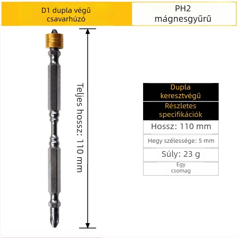 Erős mágneses csavarhúzó bit, kereszthorn Ph2 fej, D1 acél; nunchaku-stílusú bit kettős végű; mágneses gyűrű; hossz 65 mm és 110 mm