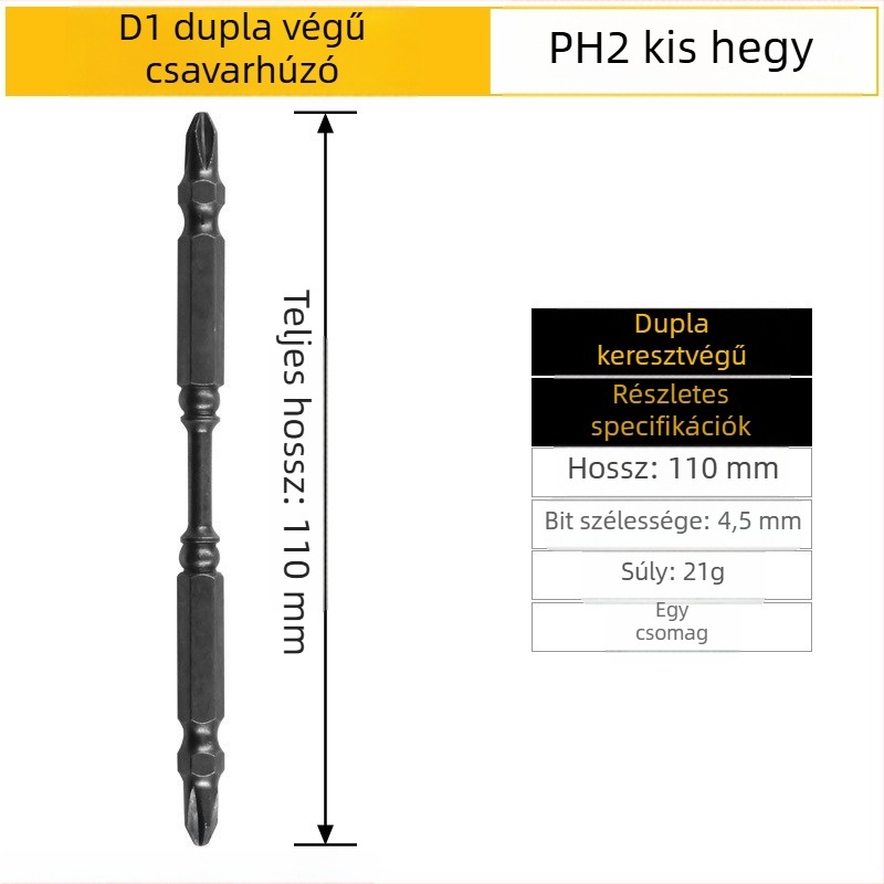Erős mágneses csavarhúzó bit, kereszthorn Ph2 fej, D1 acél; nunchaku-stílusú bit kettős végű; mágneses gyűrű; hossz 65 mm és 110 mm