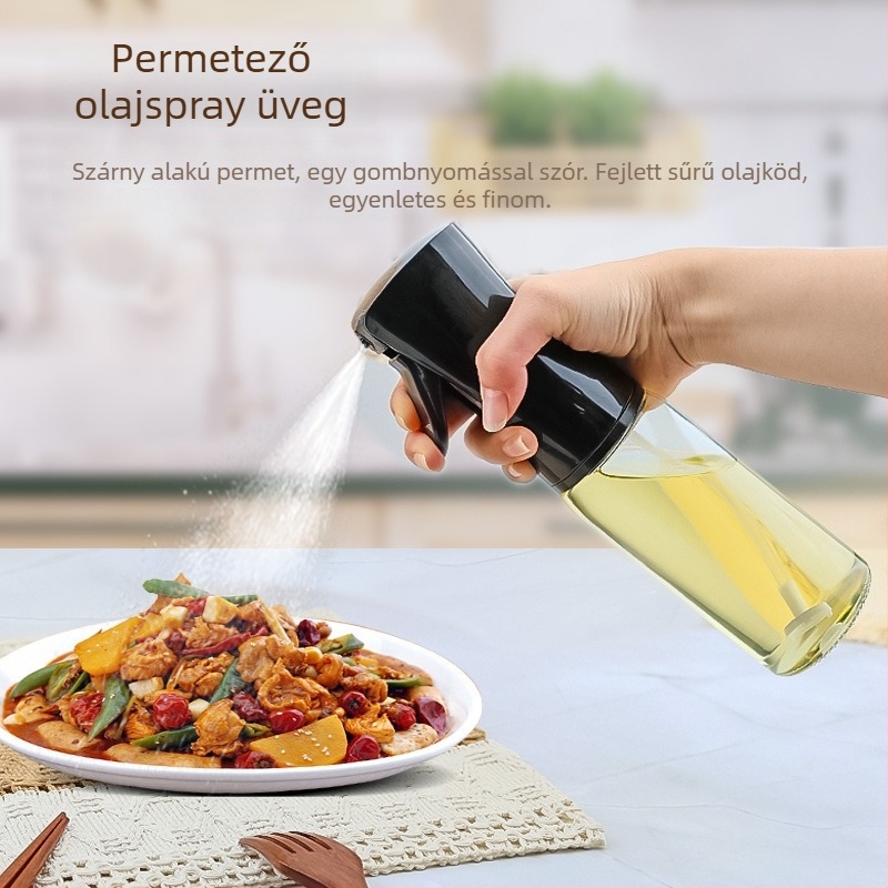 Üveg olajspray palack préseléses permetező funkcióval, olajkanna típus, modern minimalista stílus, logó testreszabás elérhető.