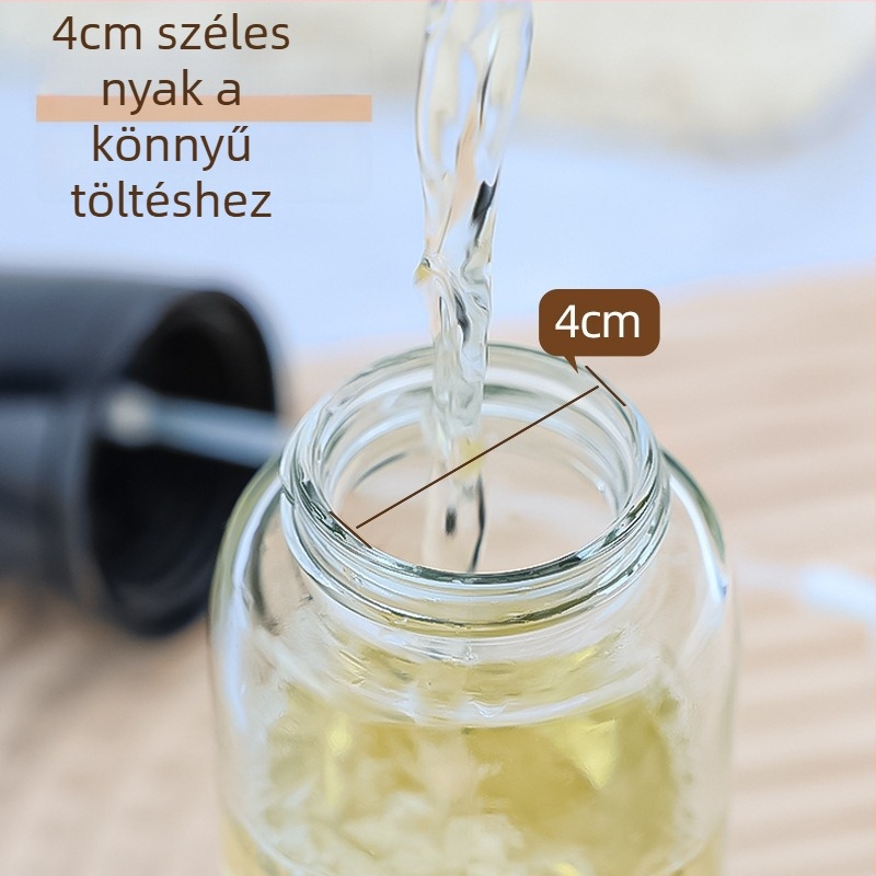 Üveg olajspray palack préseléses permetező funkcióval, olajkanna típus, modern minimalista stílus, logó testreszabás elérhető.