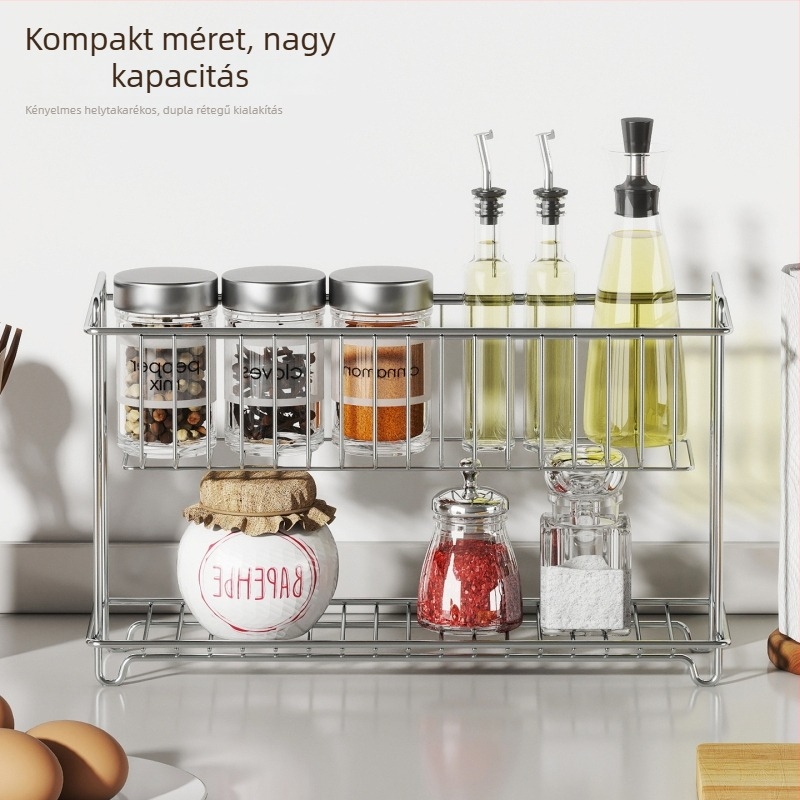 Rozsdamentes acélból készült kétszintes tárolóállvány konyhához és fürdőszobához, többfunkciós, szerelés nélkül, pultra helyezhető leeresztő állvány