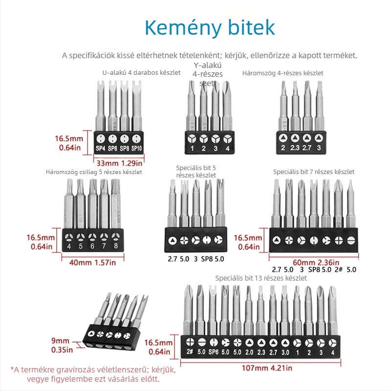 Cr-Mo acélból készült bitkészlet háztartási gépek javításához, U- és Y-alakú, háromszögletű és szabálytalan formájú bitekkel, tárolócsíkokkal