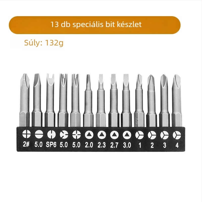 Cr-Mo acélból készült bitkészlet háztartási gépek javításához, U- és Y-alakú, háromszögletű és szabálytalan formájú bitekkel, tárolócsíkokkal