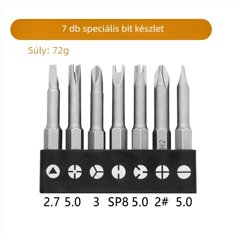 Cr-Mo acélból készült bitkészlet háztartási gépek javításához, U- és Y-alakú, háromszögletű és szabálytalan formájú bitekkel, tárolócsíkokkal
