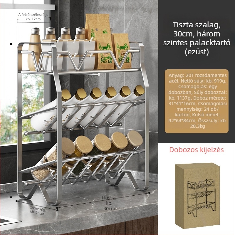Guangkai Konyhai fűszertartó polc, asztali használatra, több rétegű, rozsdamentes acél, lyukmentes rögzítés, modern minimalist stílus