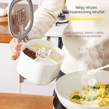 Négy rekeszes fűszertartó adagolóval — SP SAUCE, AS+PP+ABS, szilárd fűszerekhez, licencelhető magáncímke