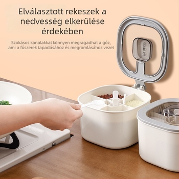 Négy rekeszes fűszertartó adagolóval — SP SAUCE, AS+PP+ABS, szilárd fűszerekhez, licencelhető magáncímke