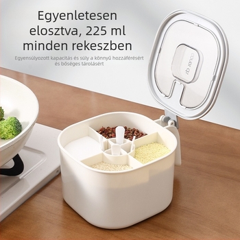 Négy rekeszes fűszertartó adagolóval — SP SAUCE, AS+PP+ABS, szilárd fűszerekhez, licencelhető magáncímke