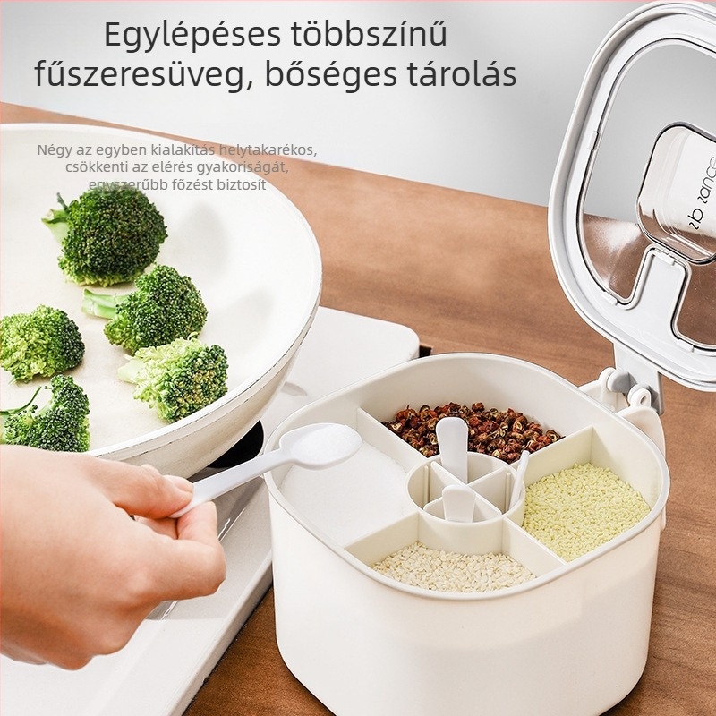 Négy rekeszes fűszertartó adagolóval — SP SAUCE, AS+PP+ABS, szilárd fűszerekhez, licencelhető magáncímke