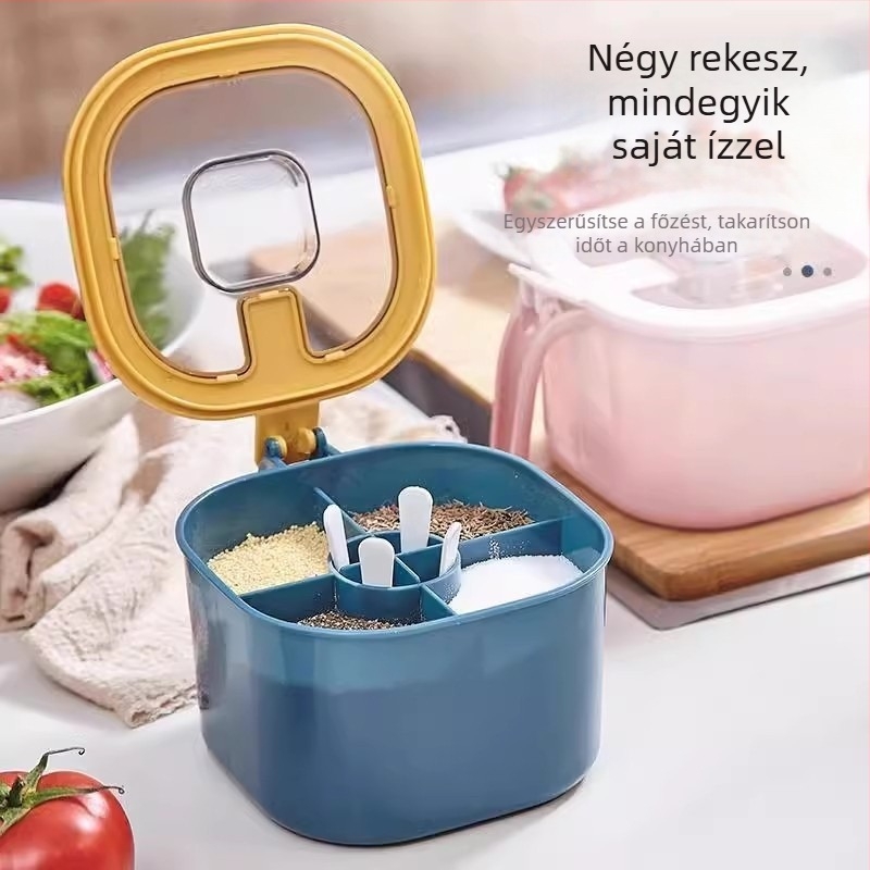 Pissa Négy az egyben fűszerdoboz készlet sótartóval, cukor és MSG tárolóval, nagy kapacitású, nedvességálló konyhai szervező