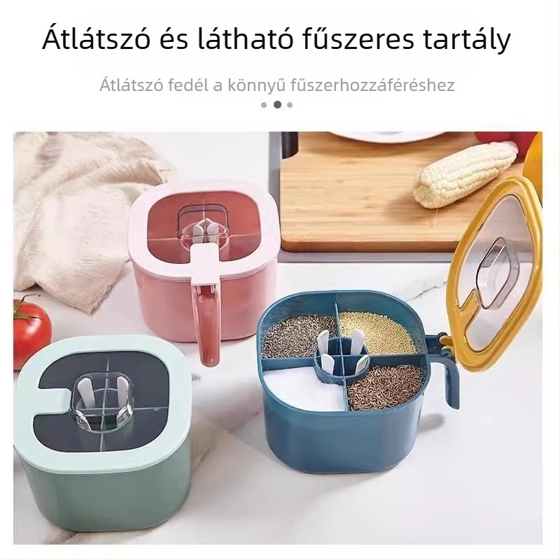 Pissa Négy az egyben fűszerdoboz készlet sótartóval, cukor és MSG tárolóval, nagy kapacitású, nedvességálló konyhai szervező