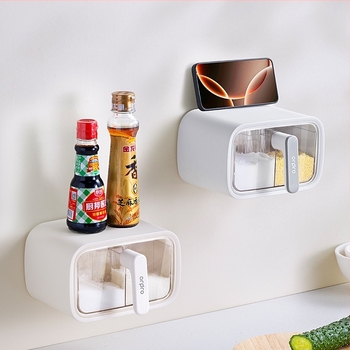 Falra szerelhető fűszertároló doboz, zárható, nedvességálló, integrált több rekesz a szilárd fűszerekhez, műanyag, testreszabható