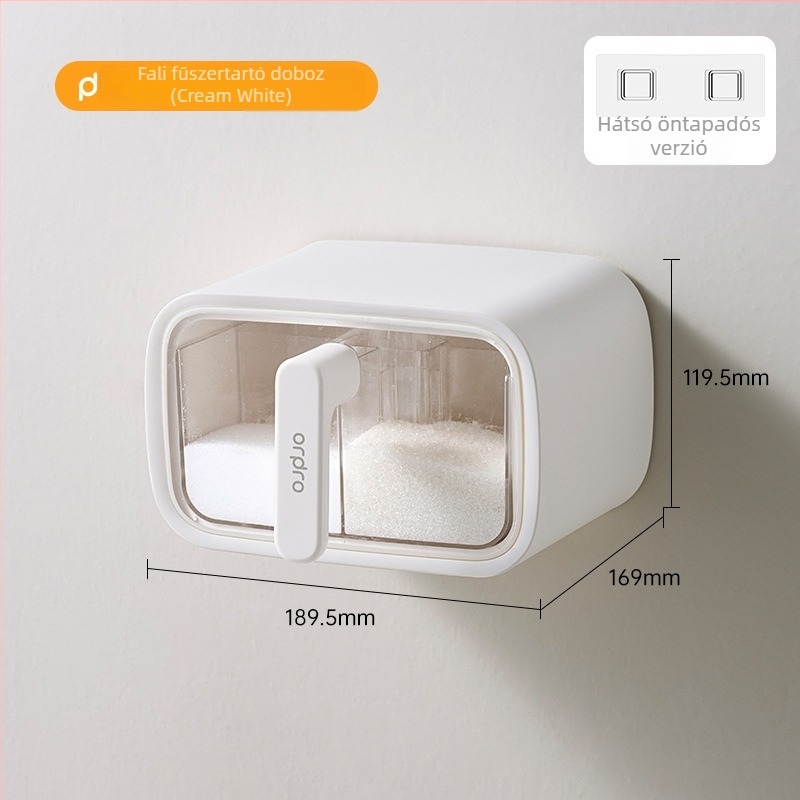 Falra szerelhető fűszertároló doboz, zárható, nedvességálló, integrált több rekesz a szilárd fűszerekhez, műanyag, testreszabható