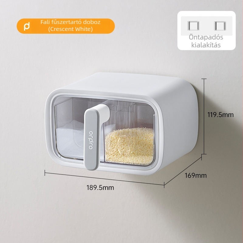 Falra szerelhető fűszertároló doboz, zárható, nedvességálló, integrált több rekesz a szilárd fűszerekhez, műanyag, testreszabható