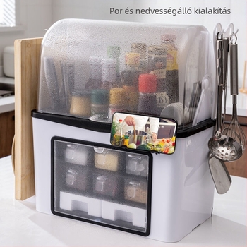 Konyhai fűszer-tároló polc kés- és sótartóval – műanyag, szilárd fűszerekhez