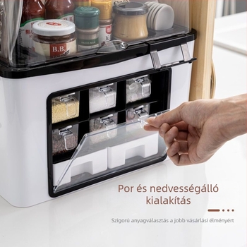 Konyhai fűszer-tároló polc kés- és sótartóval – műanyag, szilárd fűszerekhez