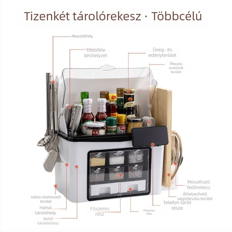 Konyhai fűszer-tároló polc kés- és sótartóval – műanyag, szilárd fűszerekhez