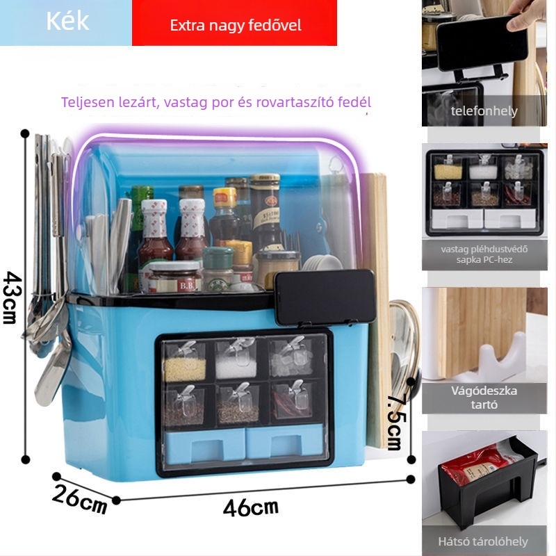 Konyhai fűszer-tároló polc kés- és sótartóval – műanyag, szilárd fűszerekhez