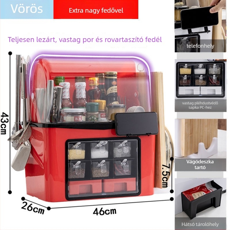 Konyhai fűszer-tároló polc kés- és sótartóval – műanyag, szilárd fűszerekhez