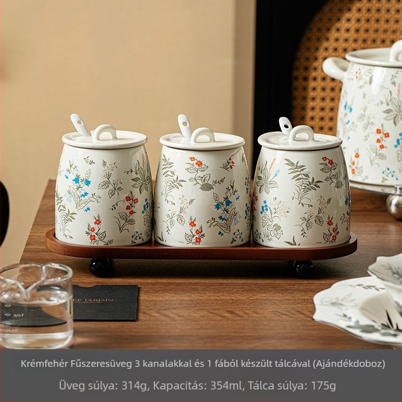 Nordic stílusú kerámia fűszertartó készlet tárolóállvánnyal – szilárd fűszerek (só és MSG)