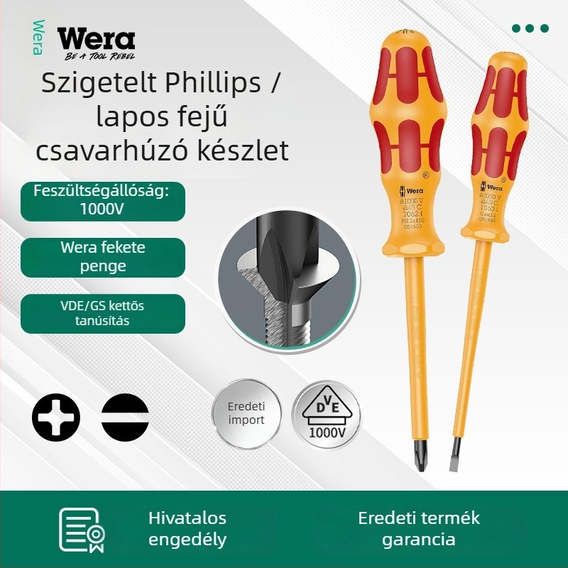 WERA szigetelt csavarhúzó készlet — króm-vanádium acél, nem mágneses, tömeg 0.15, PVC markolat