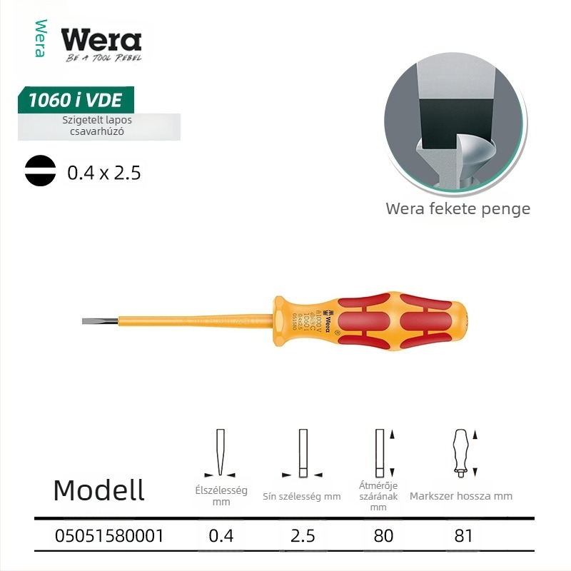 WERA szigetelt csavarhúzó készlet — króm-vanádium acél, nem mágneses, tömeg 0.15, PVC markolat