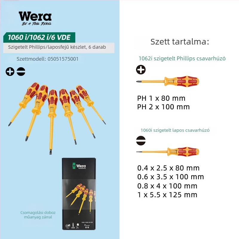 WERA szigetelt csavarhúzó készlet — króm-vanádium acél, nem mágneses, tömeg 0.15, PVC markolat