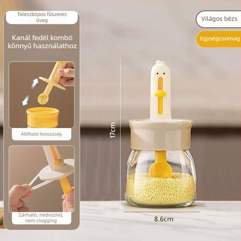 Üveg fűszeres doboz integrált fedővel és kanállal – alkalmas szilárd fűszerekhez, anyag: PP + kalciumos üveg + szilikagél, márka Xingzhou, modern minimalist stílus
