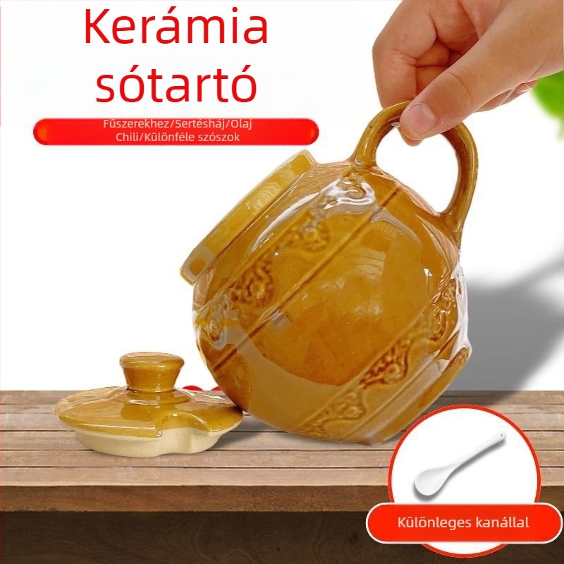 Kerámiás fűszertartó – magas hőmérséklet-ellenálló, vintage stílusú konyhai tartozék, száraz fűszerekhez, só és olaj