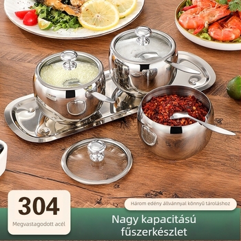 304 rozsdamentes acélból készült 3 darabos fűszersüveg-készlet üvegfedőkkel és kanalakkal