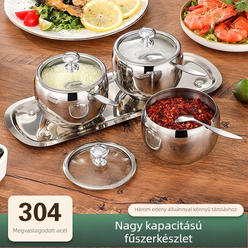 304 rozsdamentes acélból készült 3 darabos fűszersüveg-készlet üvegfedőkkel és kanalakkal
