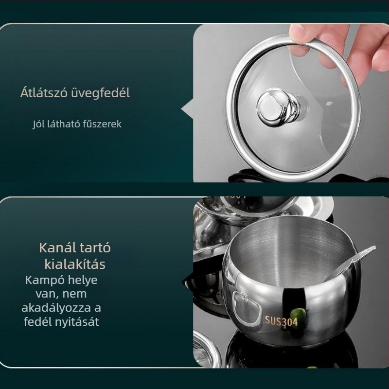 304 rozsdamentes acélból készült 3 darabos fűszersüveg-készlet üvegfedőkkel és kanalakkal