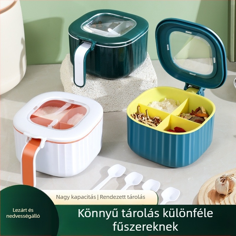 Négy rekeszes műanyag fűszertartó, nedvességálló, ideális sóhoz, cukorhoz és MSG-hez, otthoni használatra