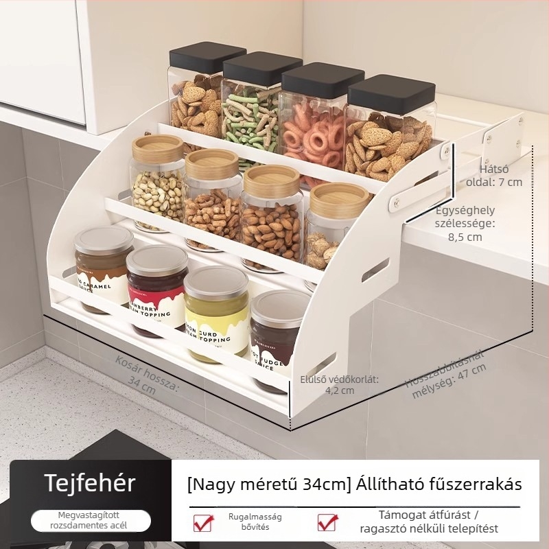 Tolható fűszeres polc — fém, kétszintes állítható, összecsukható konyhai tároló