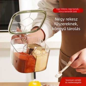 Négy rekeszű fűszertartó készlet, só és MSG palackokkal, műanyag konyhai tároló