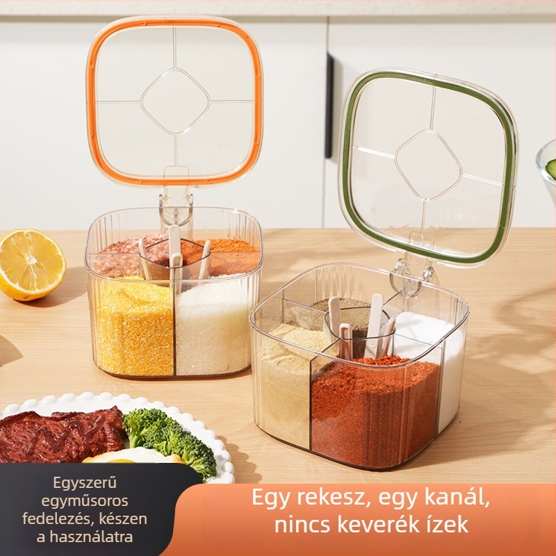 Négy rekeszű fűszertartó készlet, só és MSG palackokkal, műanyag konyhai tároló