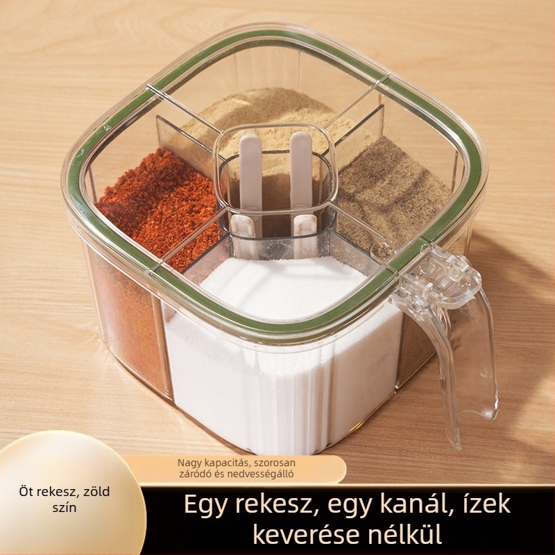 Négy rekeszű fűszertartó készlet, só és MSG palackokkal, műanyag konyhai tároló