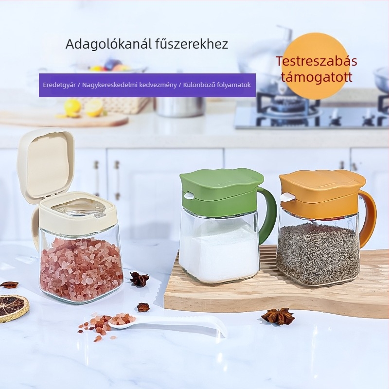 Üvegből készült fűszeres edényekkel ellátott készlet zárható fedőkkel, háztartási használatra, logó testreszabható