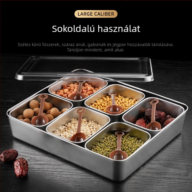 Rozsdamentes acélból készült fűszeres doboz fedővel, négyzet alakú, több rekeszes, kereskedelmi minőségű, logónyomtatás és testreszabás lehetőséggel