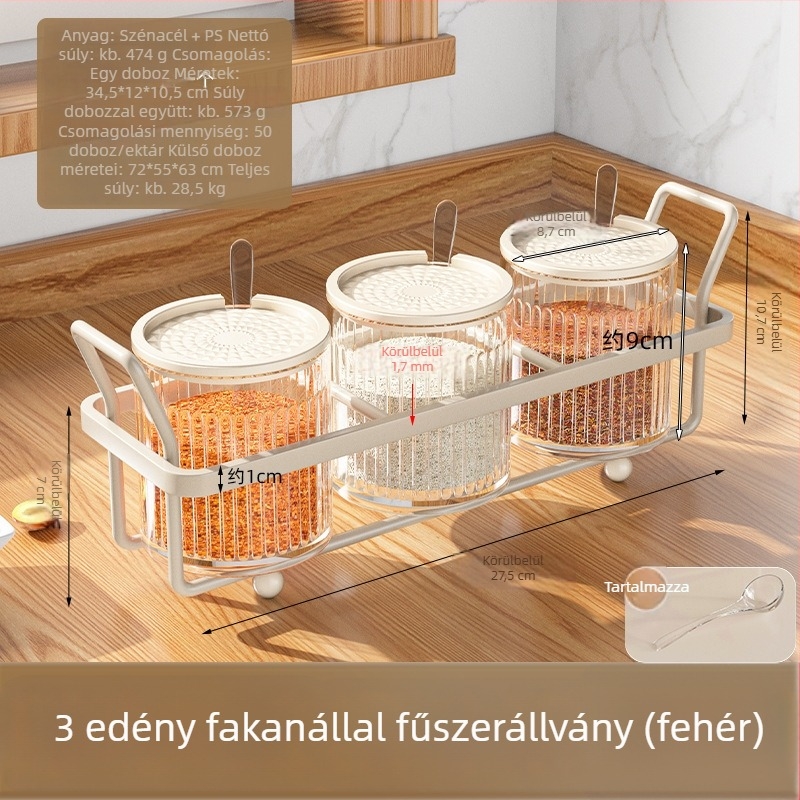 Fűszerező polc készlet: műanyag sótartó, MSG-tartó és borsos üveg, tárolópolccal, modern letisztult stílus, lyukmentes kialakítás