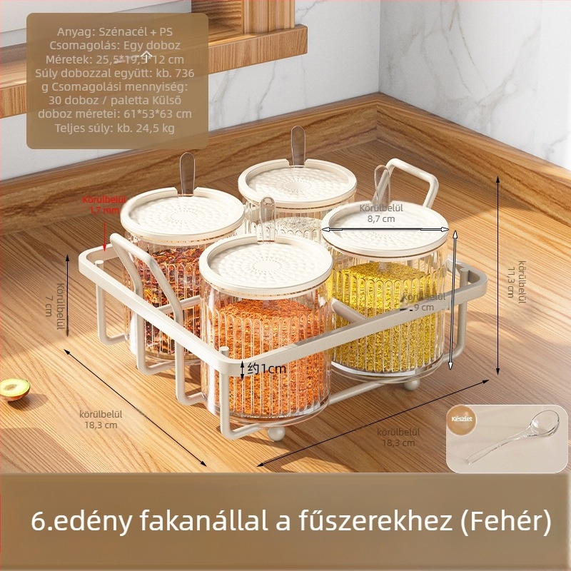 Fűszerező polc készlet: műanyag sótartó, MSG-tartó és borsos üveg, tárolópolccal, modern letisztult stílus, lyukmentes kialakítás
