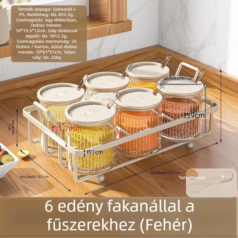 Fűszerező polc készlet: műanyag sótartó, MSG-tartó és borsos üveg, tárolópolccal, modern letisztult stílus, lyukmentes kialakítás