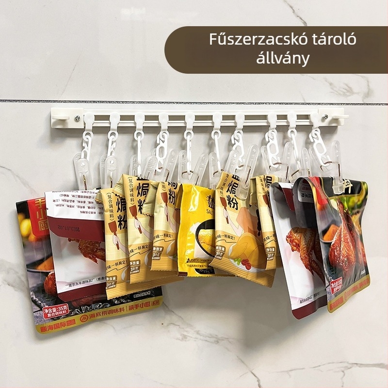 Fali fűszerzacskó-tároló záró klipekkel, műanyagból, falra szerelhető