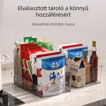 Műanyag fűszeres tároló a konyhapolcon, több rekesszel a szilárd fűszerekhez, modern minimalista stílus, prémium minőség